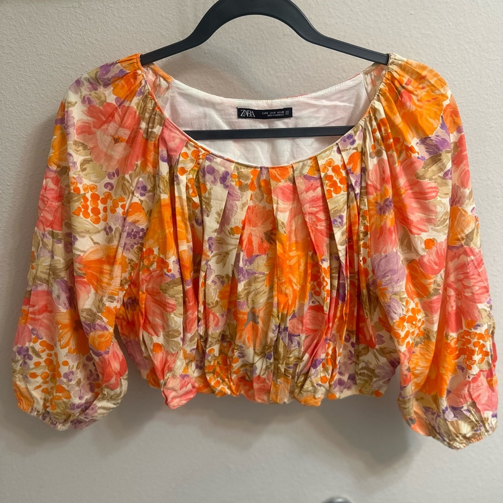 Zara Orange and Yellow Pleated Crop Top with 3/4 Sleeves